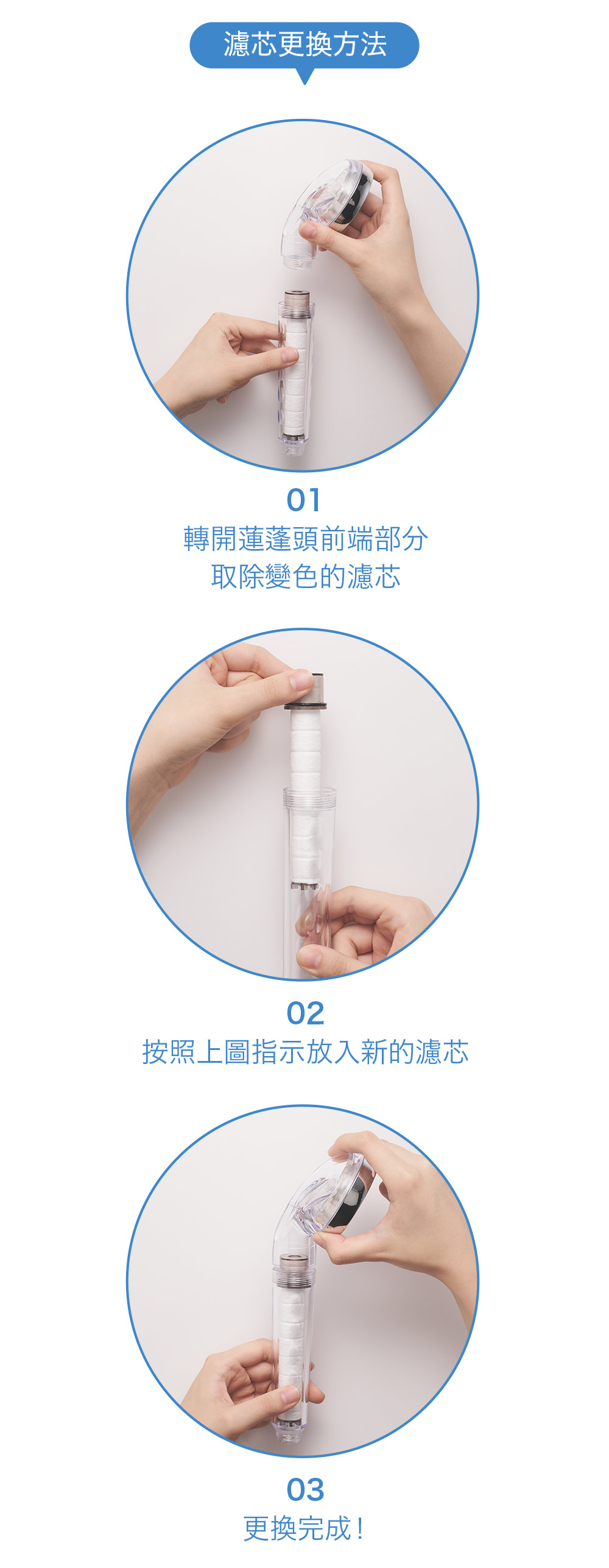 濾芯更換方法01轉開蓮蓬頭前端部分取除變色的濾芯02按照上圖指示放入新的濾芯03更換完成!