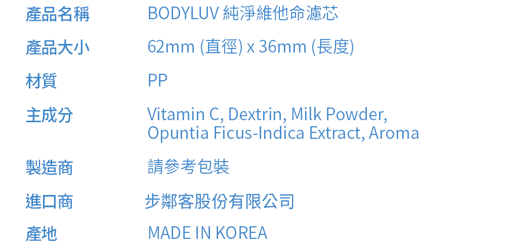 產品名稱產品大小材質BODYLUV 純淨維他命濾芯62mm (直徑) x 36mm (長度)PPVitamin C, Dextrin, Milk Powder,Opuntia Ficus-Indica Extract, Aroma主成分製造商請參考進口商步鄰客股份有限公司產地MADE IN KOREA